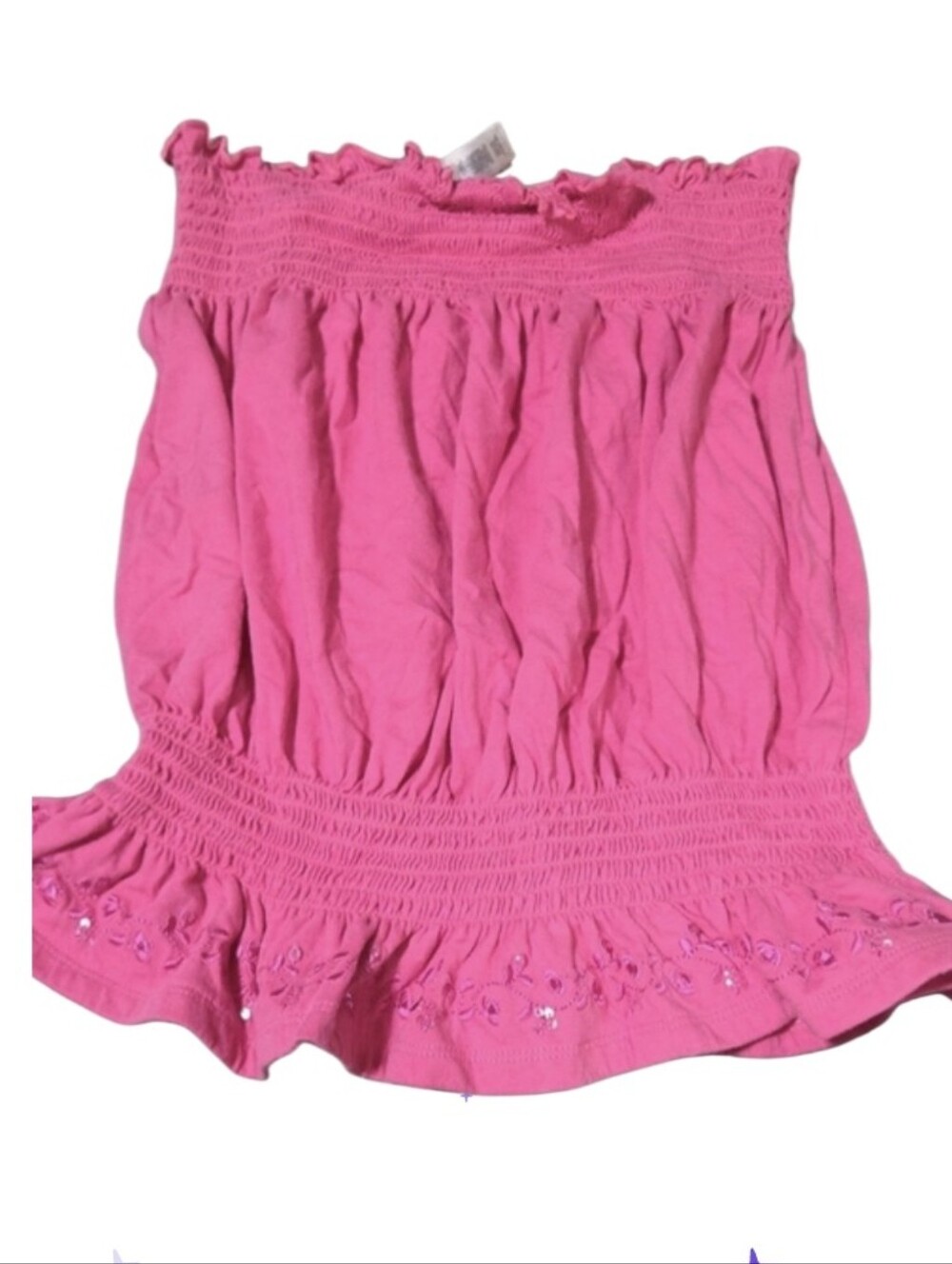 Vtg Bright Pink Smocked Tube Top with Embellished Hem Osfm/ Med